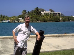 Christiansted (St.Croix, US Virgin Islands), man on beach boardwalk.