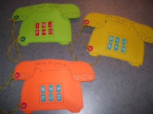 Green, yellow, and orange telephone Valentine cards.