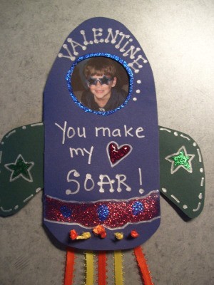 Closeup of rocket Valentine card.