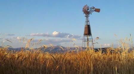 A landscape in Montana with a windmill, mountains and fields.