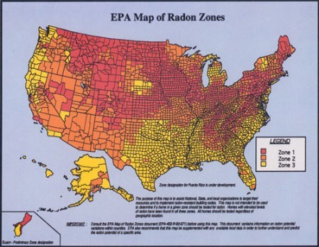 A map of the US with Radon levels marked.