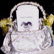 Wedding programs in a basket.