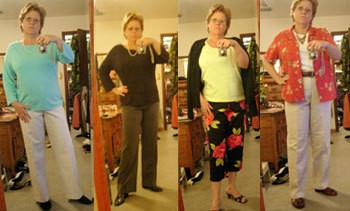 A woman taking pictures of herself in different outfits.