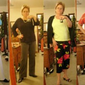 A woman taking pictures of herself in different outfits.