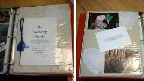 A wedding scrapbook with the wedding program and some photos.