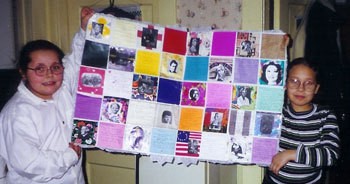 A quilt made of pictures of different famous women.