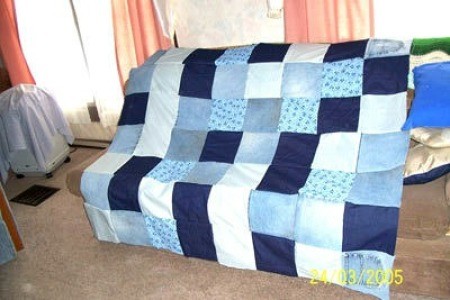 A quilt made from recycled jeans.