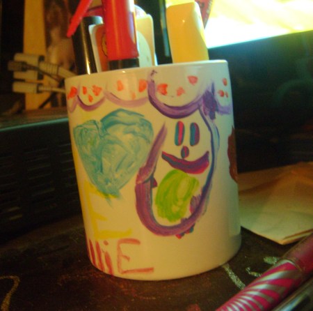 Walmart Paint-a-Mug Kit after it has been decorated.