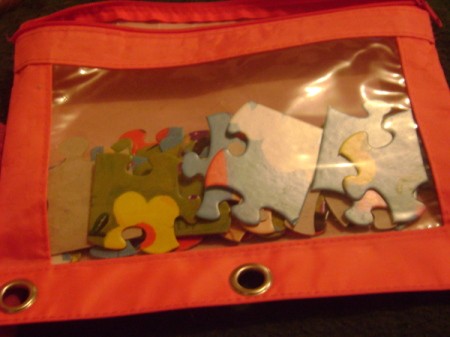 Pencil bag holding puzzle pieces