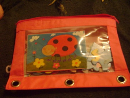 Pencil bag holding picture of puzzle (cut out from box) and pieces