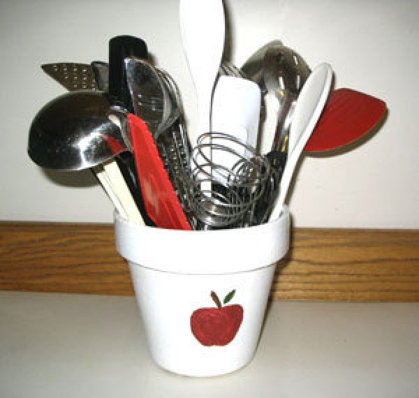 Apple Kitchen Utensil Holder - white painted flowerpot with red apple design