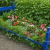 A garden bed made from an old blue bed.