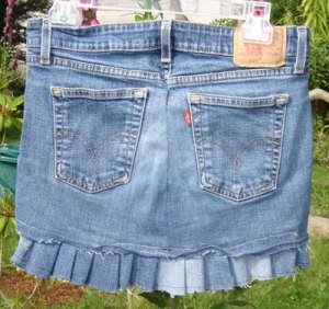 Handmade distressed jean skirt with ruffle