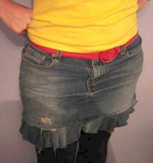 Girl wearing handmade jean skirt with ruffle