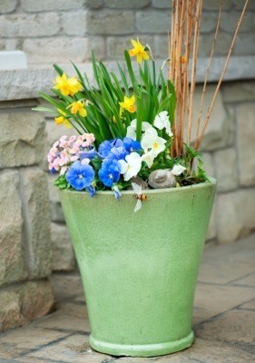 Planter with flowers.