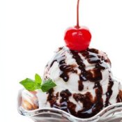 Chocolate and vanilla ice cream sundae.