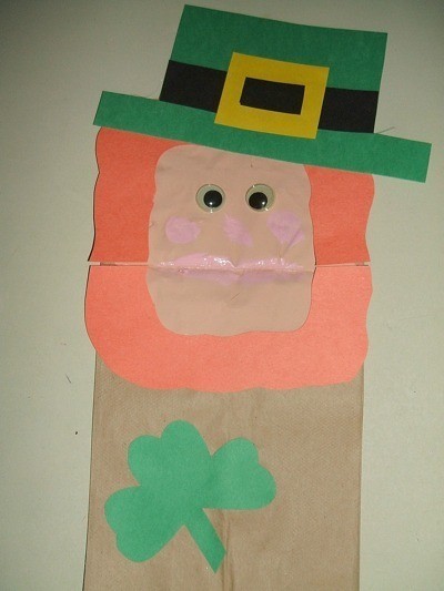 Leprechaun puppet made with a paper bag.