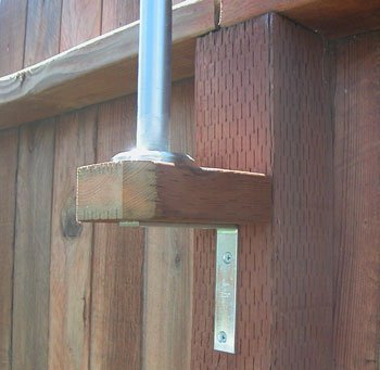 Attach Solar Lights to Your Fence - Close up of metal bracket and 2x4 used to attached a solar light to a fence.