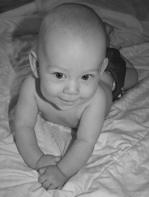 A baby photo in black and white.