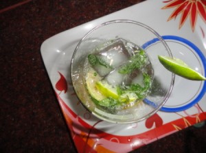 Lemon Mint Crusher beverage from above, with mint in the ice cubes.