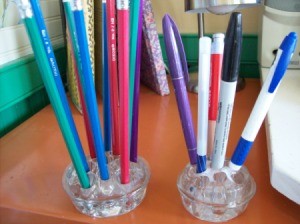 Pencil holder using a glass flower frog