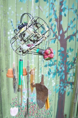 Recycled Garden Wind Chimes hanging outside.