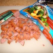 Cut up Polish kielbasa with frozen vegetables
