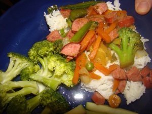 A dinner of kielbasa and vegetables