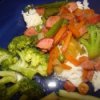 A dinner of kielbasa and vegetables