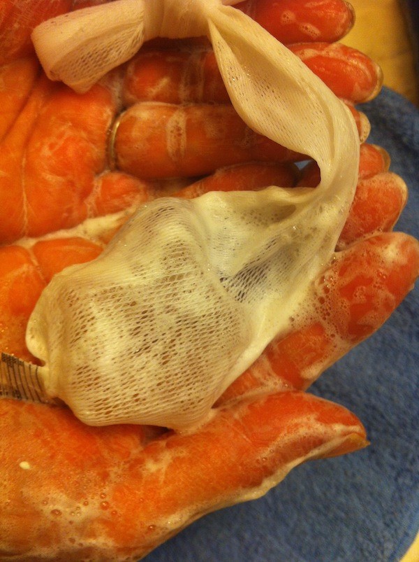 Reuse Garlic Bag as Soap Bag being used to wash hands.