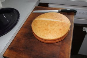 Round cake being cut to assemble bunny.