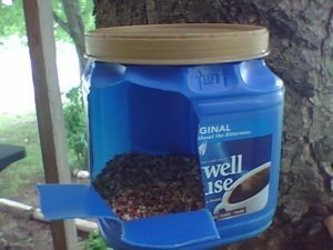 Coffee container bird feeder.