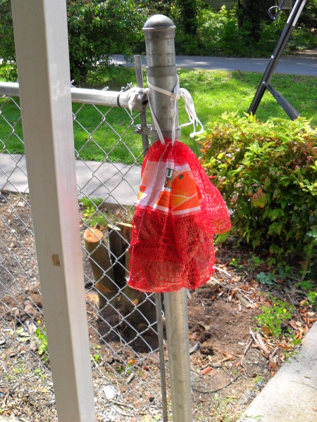 Orange bag for garden gloves.