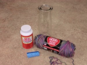 Supplies for yarn wrapped vase.