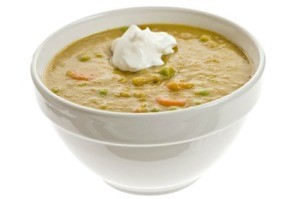 Split Pea Soup in White Bowl