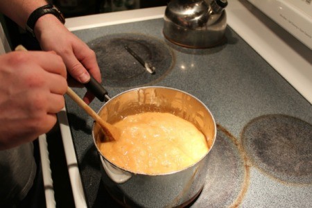 Caramel for caramel corn cooking on stove