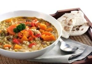 Vegetable Soup on Tray With Bread