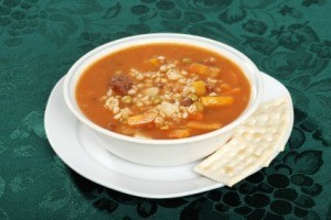 Vegetable Beef Barley Soup in White Bowl