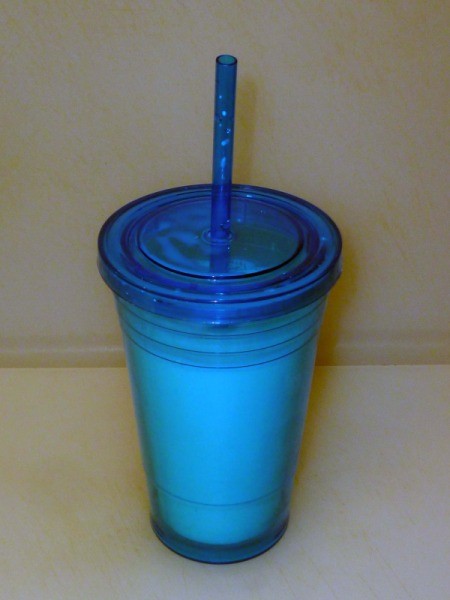 Blue Plastic Cup with lid and straw.