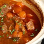 Photo of beef stew made in a crockpot.