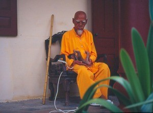 Monk holding a monkey on his lap