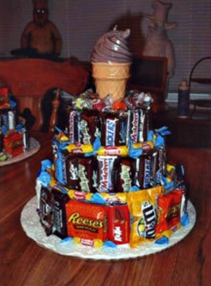 Candy arranged into shape of birthday cake.