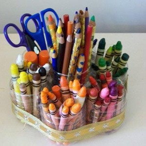 Recycled Crayon Holder With Crayons Scissors and Pencils