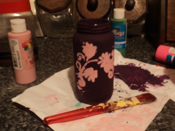 Painted Glass Jar with Pink Flowers