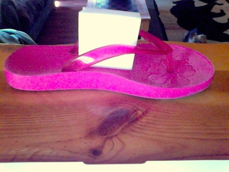 Pink flip flop with a Magic Eraser