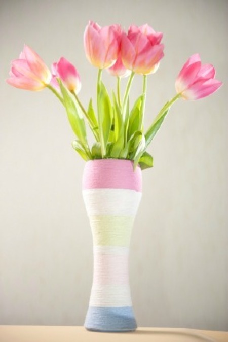 Yarn Wrapped Vase With Tulips