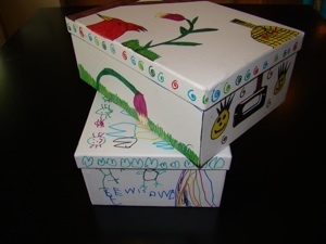 Decorated photo storage boxes.