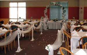 Reception hall decorated like a church.