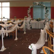 Reception hall decorated like a church.