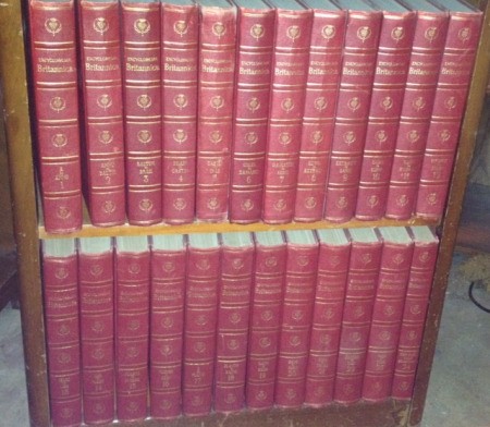 Encyclopedia Britannica on bookshelf.